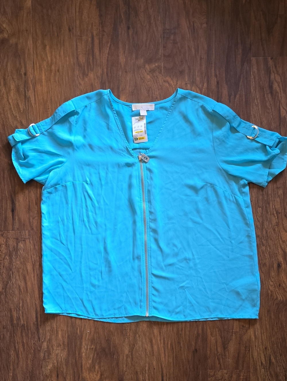 MICHAEL Michael Kors Turquoise Zip-Front Short Sleeve Blouse Sz L